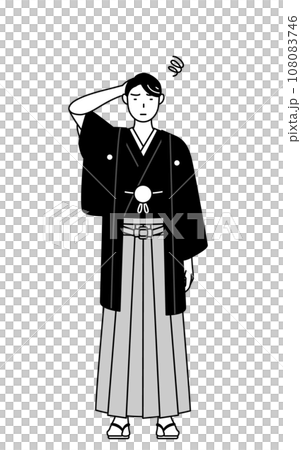 A man wearing a hakama with a crest scratching his head in trouble 108083746