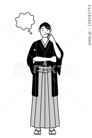 顔をかきながら考える紋付袴姿の男性 108083753