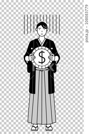 Image of foreign exchange losses and weak dollar, man wearing crested hakama 108083779