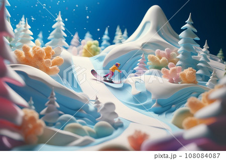 不思議な雪山のスノボー(3D)ジオラマ 不思議な雪山のスノボー(3D)ジオラマ 108084087