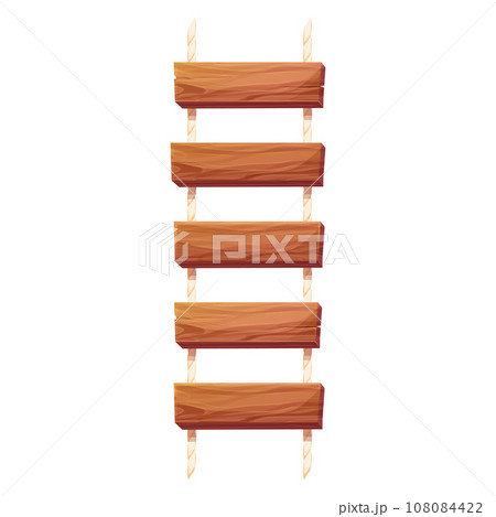 Wooden ladder with rope, planks hanging, staircase in cartoon style isolated on white background, Bridge, game road. 108084422