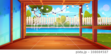 House porch and swimming pool in backyard 108084587
