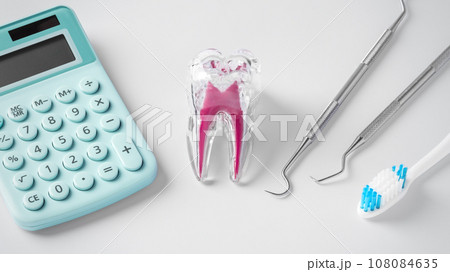 Tooth with blue calculator and dental tools on light grey background 108084635