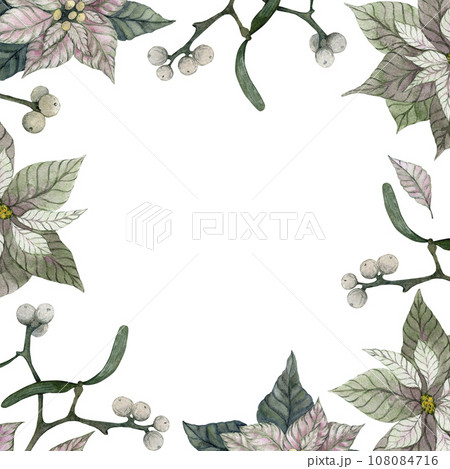 Christmas frame made mistletoe and poinsettia. Berries and leaves. Isolated watercolor illustration 108084716