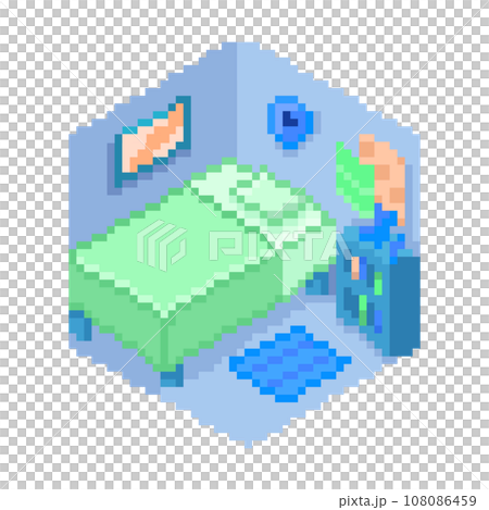 Isometric, pixel illustration of a room with a green bed 108086459