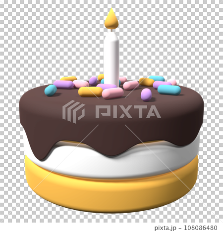 Cartoon style birthday cake. Birthday cake with candle. Party surprise decoration. 3D rendering 108086480