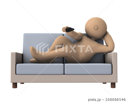 ソファーに寝そべり、リモコンでザッピングする怠惰な男性。白バック。3Dレンダリング。 108086546