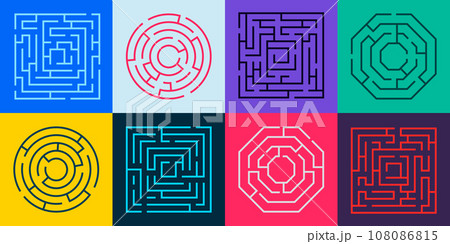 Maze path. Round labyrinth riddle with wrong way and right way, labyrinth puzzle with gate and deadlock, maze game concept. Vector illustration 108086815