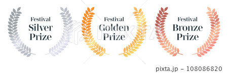 Gold silver bronze laurel. Awarded prize, best award for actor, jury prize for cinema, certificate for music video. Vector flat set Gold silver bronze laurel. Awarded prize, best award for actor, jury prize for cinema, certificate for music video. Vector flat set 108086820