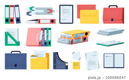 Office documents and folders. Workstation with stationary and school folder, notebook, binder and tools for study and job. Vector isolated set Office documents and folders. Workstation with stationary and school folder, notebook, binder and tools for study and job. Vector isolated set 108086847