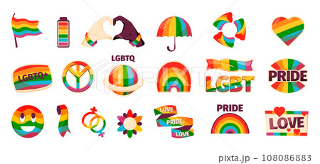 Lgbt stickers. Colorful abstract LGBT rainbow flag and symbols for lgbtq pride card design, diversity awareness concept. Vector isolated set 108086883