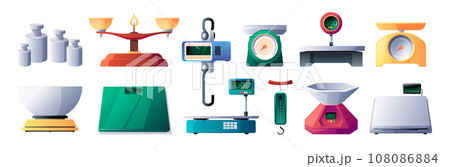 Store scales. Measuring instruments for grocery store, kitchen and fitness, flat platform kilogram gram pounds. Vector precision instruments isolated set 108086884