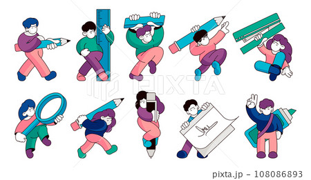 People with stationery. Man woman characters with pens pencils highlighters, cartoon characters with writing tools. Vector set People with stationery. Man woman characters with pens pencils highlighters, cartoon characters with writing tools. Vector set 108086893