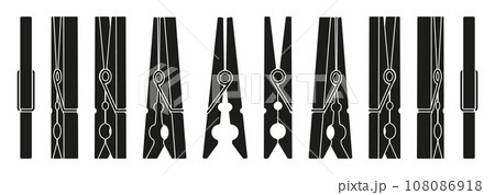 Clothes pin silhouettes. Line wooden pins holding cloth, laundry fastener tool flat style. Vector isolated collection 108086918