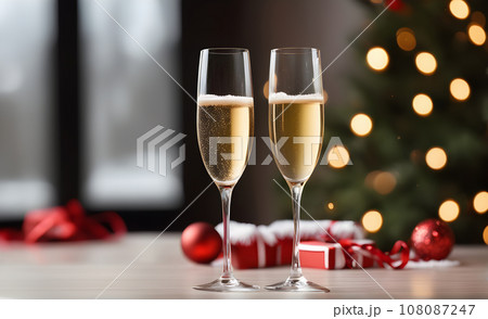 Two champagne glasses in festive Christmas...のイラスト素材 [108087247] - PIXTA