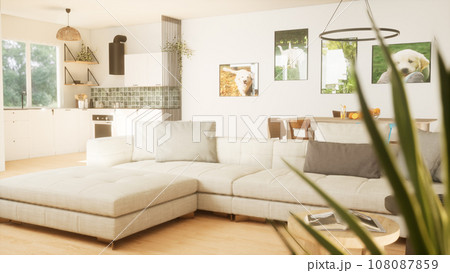 Modern luxury living room with kitchen and stairs. Stylish two floor house. 3d render Modern luxury living room with kitchen and stairs. Stylish two floor house. 3d render 108087859