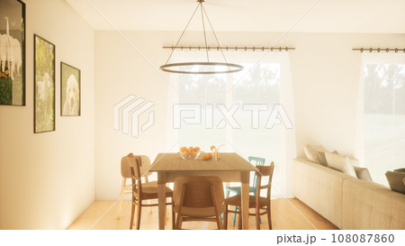 Modern luxury living room with kitchen and stairs. Stylish two floor house. 3d render 108087860