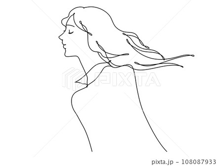 風に髪がなびく横顔の女性 モノクロ線画のイラスト素材 [108087933