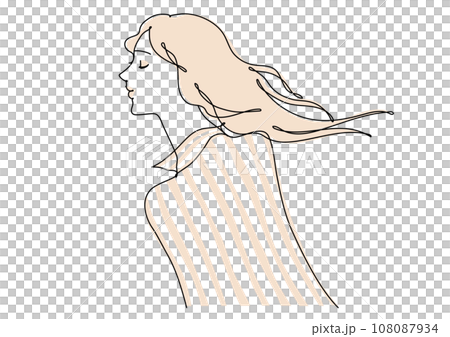 一個頭髮在風中飄揚的女人側面的線條畫 108087934
