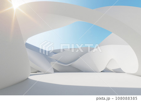 Abstract white distorted wall, modern style, architecture with blue sky background, 3d render 108088385