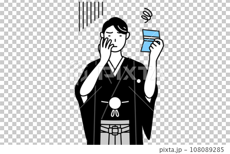 一名穿著鳳頭袴的男子看著他的銀行存摺，表情沮喪 108089285