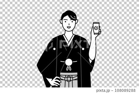 一名身穿鳳頭袴、在工作中使用智慧型手機的男子 一名身穿鳳頭袴、在工作中使用智慧型手機的男子 108089288