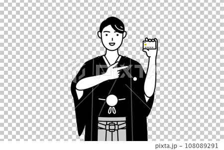 クレジット決済を勧める紋付袴姿の男性 クレジット決済を勧める紋付袴姿の男性 108089291