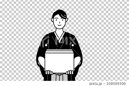 段ボールを運ぶ作業をする紋付袴姿の男性 段ボールを運ぶ作業をする紋付袴姿の男性 108089300