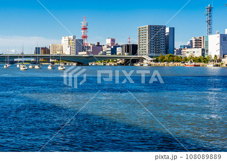 信濃川にかかる柳都大橋と新潟市中央区の街並み 信濃川にかかる柳都大橋と新潟市中央区の街並み 108089889