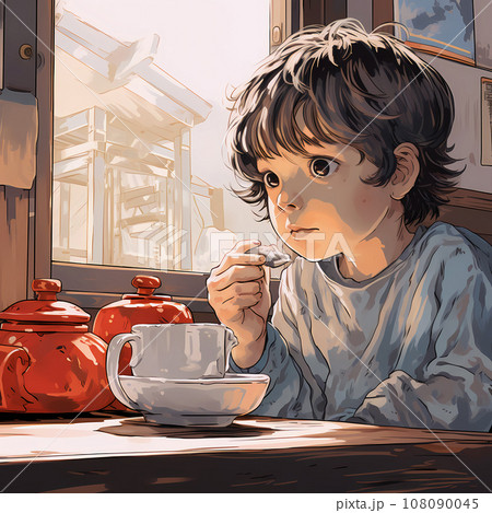 Sad little boy eating breakfast at the table and thinking. Small innocent child alone in the kitchen at home Sad little boy eating breakfast at the table and thinking. Small innocent child alone in the kitchen at home 108090045