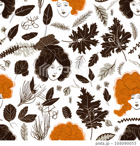 Vintage seamless pattern of lady heads in wigs and autumn leaves. Women hairstyles in a brown and white retro background 108090055