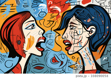 Colorful portrait of 2 women arguing. Angry female boss yelling aggressively at an employee Colorful portrait of 2 women arguing. Angry female boss yelling aggressively at an employee 108090058