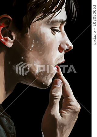 A profile portrait of a sad young man putting a red capsule in his mouth. Illustration of a white boy looking lost and confused, holding a red pill in his hand 108090063