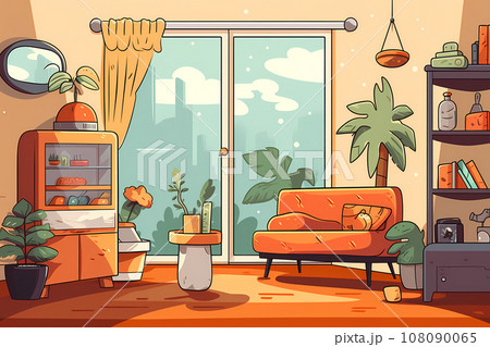 Bright and lively living room in a city flat, with orange furniture, houseplants, and a balcony overlooking the city. Cartoon illustration of a fun and cozy apartment 108090065