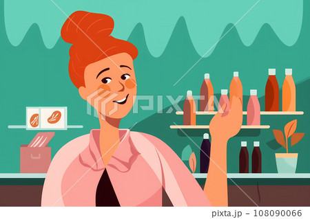 Colorful illustration of a smiling customer next to supermarket shelves. White lady waving her hand and calling out to a salesperson, with a cheerful expression on her face. Caucasian woman working as 108090066
