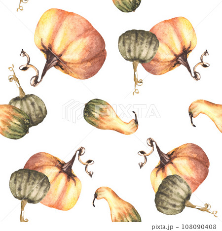 Vegetable seamless pumpkins colorful pattern. Isolated white background. Watercolor autumn illustration. Hand drawing repeating fall design for thanksgiving cards, posters, halloween wrapping, prints 108090408