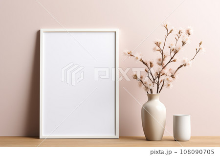 Frame Mockup with Ornate Picture Frame and Flowers.Created with Generative AI technology. 108090705