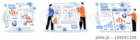 KPI key performance indicator. Vector illustration. Information and metrics are key in any KPI dashboard Management strategy benefits from performance indicator analysis Data driven measurement 108091106