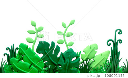 plasticine 3d illustration with tropical leaves and branches. seamless border with jungle, rainforest landscape. green monstera leaves, palm trees, banana plasticine 3d illustration with tropical leaves and branches. seamless border with jungle, rainforest landscape. green monstera leaves, palm trees, banana 108091133