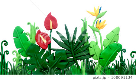plasticine illustration, tropical leaves and flowers composition, seamless border. 3d image with monstera leaves, palm trees and flowers. 108091134