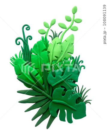 3d plasticine tropical composition. a bouquet of tropical leaves, palm branches, monstera, green banana. cartoon clipart on a white background. 108091139