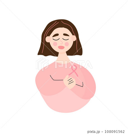 Breast awareness month concept illustration. Woman holding pink ribbon on chest. Breast awareness month concept illustration. Woman holding pink ribbon on chest. 108091562