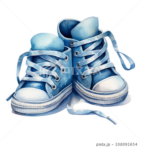 watercolor drawing, cute baby shoes in blue. Newborn boy. It's a boy watercolor drawing, cute baby shoes in blue. Newborn boy. It's a boy 108091654