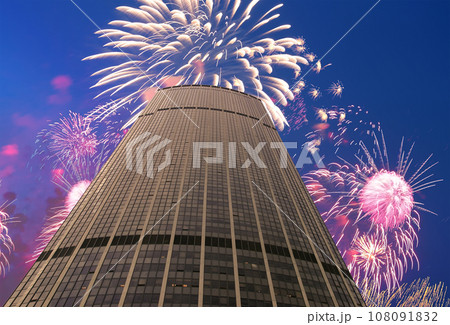 Celebratory fireworks over the Skyscrapers La Defense, commercial and business center of Paris, France Celebratory fireworks over the Skyscrapers La Defense, commercial and business center of Paris, France 108091832