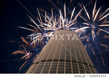 Celebratory fireworks over the Skyscrapers La Defense, commercial and business center of Paris, France Celebratory fireworks over the Skyscrapers La Defense, commercial and business center of Paris, France 108091834