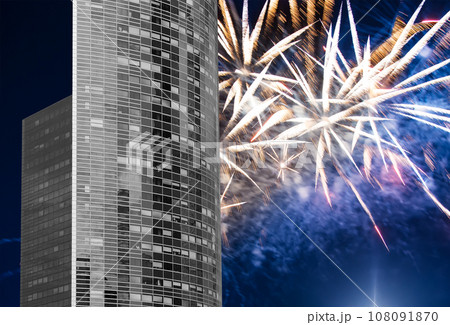 Celebratory fireworks over the Skyscrapers La Defense, commercial and business center of Paris, France Celebratory fireworks over the Skyscrapers La Defense, commercial and business center of Paris, France 108091870