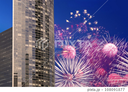 Celebratory fireworks over the Skyscrapers La Defense, commercial and business center of Paris, France Celebratory fireworks over the Skyscrapers La Defense, commercial and business center of Paris, France 108091877