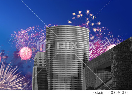 Celebratory fireworks over the Skyscrapers La Defense, commercial and business center of Paris, France Celebratory fireworks over the Skyscrapers La Defense, commercial and business center of Paris, France 108091879