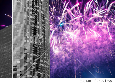 Celebratory fireworks over the Skyscrapers La Defense, commercial and business center of Paris, France Celebratory fireworks over the Skyscrapers La Defense, commercial and business center of Paris, France 108091890