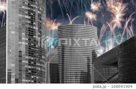 Celebratory fireworks over the Skyscrapers La Defense, commercial and business center of Paris, France Celebratory fireworks over the Skyscrapers La Defense, commercial and business center of Paris, France 108091904